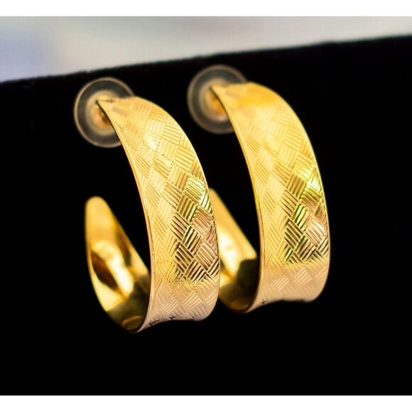 Vintage Sparkly Gold Tone Square Design Hoop Earrings - S17 - Picture 2 of 4